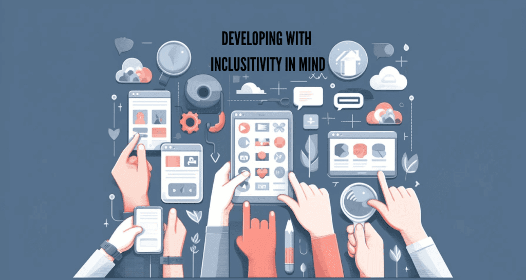 Minimalistic feature image for the blog post 'Developing with Inclusivity in Mind', depicting diverse hands holding devices that display various web pages, along with tools like voice recognition, set against a background with a spectrum of colors representing diversity and light greys for simplicity. This emphasizes the commitment to inclusive development practices.
