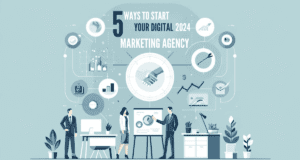 Minimalistic feature image for the blog post '5 Ways to Start Your Digital Marketing Agency in 2024', showcasing digital devices, partnership handshakes, and growth charts. The design is clean and encouraging, with a color palette featuring blues for trust, greens for growth, and light greys for clarity, highlighting the foundational elements of starting a digital marketing agency.