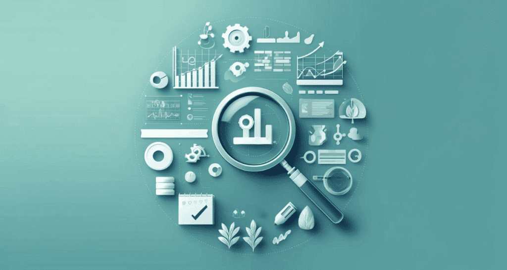 Analyzing and Optimizing Your Campaigns', showcasing graphs, magnifying glasses on data points, and optimization tools. The design is clean and analytical, with a color palette featuring blues for analysis, greens for growth, and light greys for simplicity, highlighting the meticulous examination and enhancement of marketing strategies.