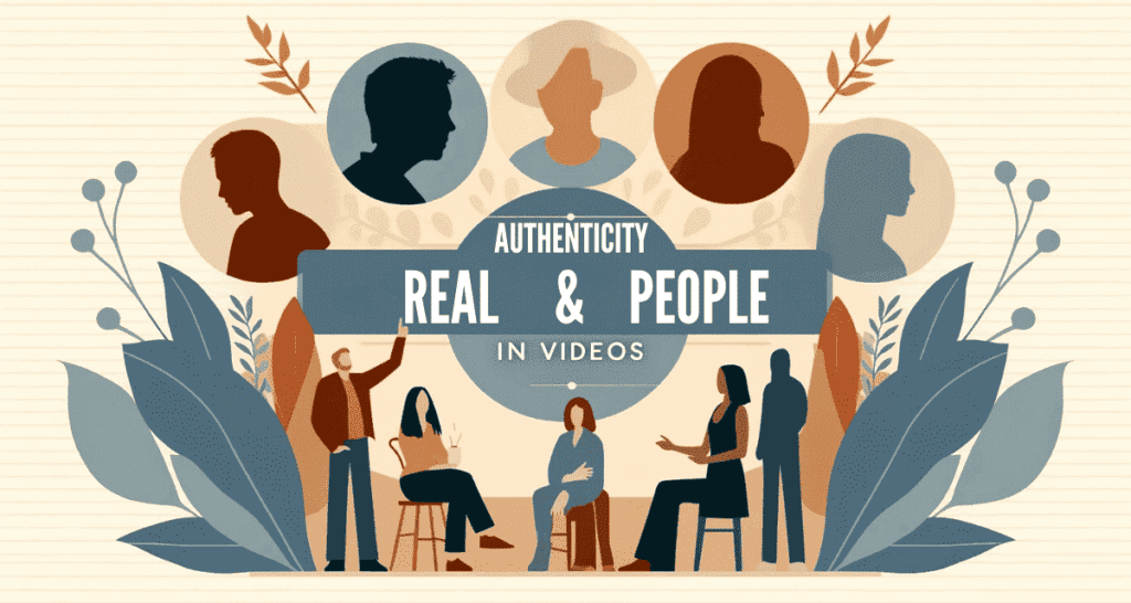 Authenticity and Real People in Videos', showcasing silhouettes of diverse people to emphasize authenticity and real human connection in video content. The design is clean and approachable, with a warm and trustworthy color palette of earth tones, soft blues, and greys, highlighting the importance of genuine human engagement in videos.