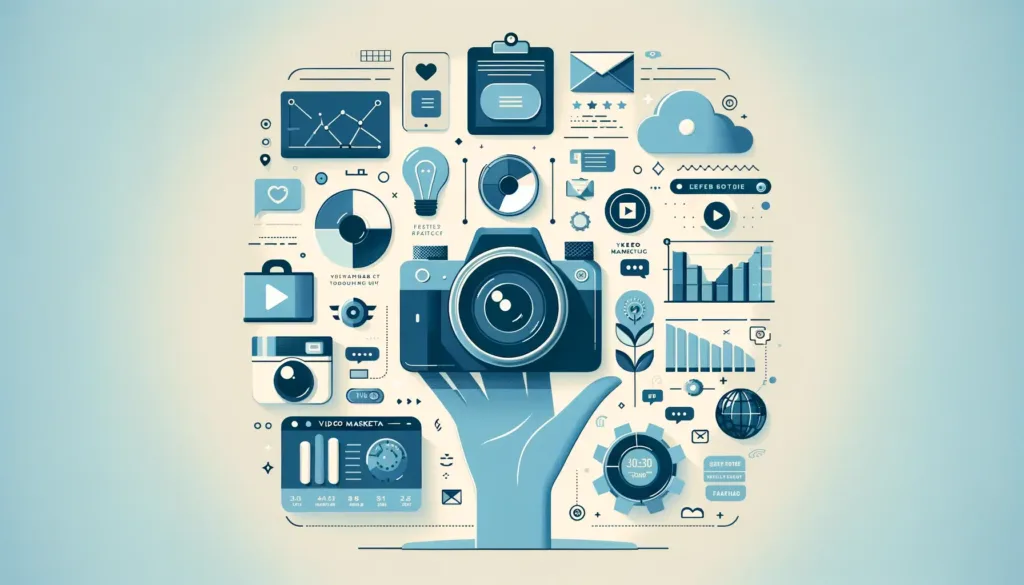 A minimalistic feature image showcasing effective video marketing strategies for social media, featuring icons like a camera and social media logos, along with a chart indicating engagement metrics, set against a clean blue and white color scheme.