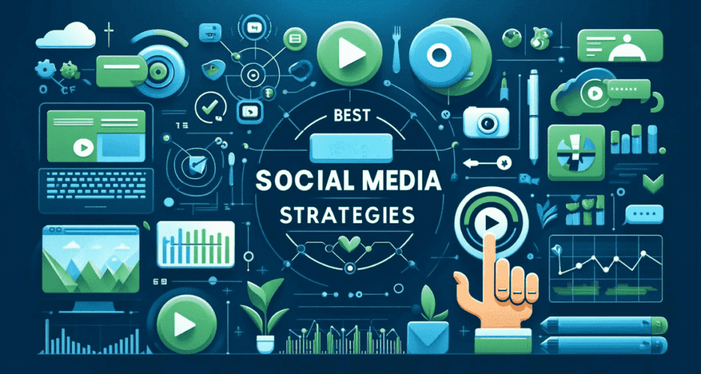 Minimalistic design depicting the integration of video marketing and social media strategies, featuring icons for Facebook, YouTube, and Instagram, video play buttons, and strategy graphs, all rendered in vibrant greens and blues to symbolize connectivity and creativity.