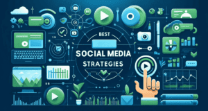 Minimalistic design depicting the integration of video marketing and social media strategies, featuring icons for Facebook, YouTube, and Instagram, video play buttons, and strategy graphs, all rendered in vibrant greens and blues to symbolize connectivity and creativity.