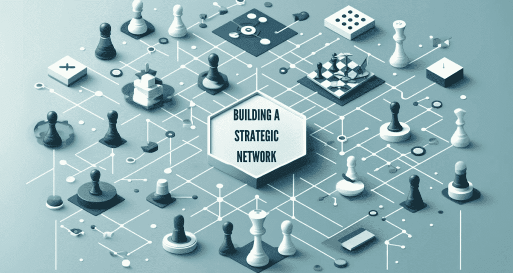 'Building a Strategic Network', showcasing interconnected nodes, strategic pathways, and chess pieces to symbolize planning and strategy in networking. The design is clean and strategic, with a color palette featuring dark blues for depth and strategy, light blues for trust and communication, and light greys for simplicity, highlighting the importance of a well-planned network in professional success.