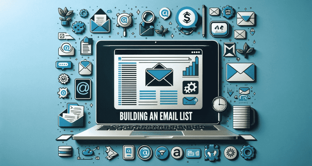 Minimalistic feature image for the blog post 'Building an Email List in 2024: Strategies and Tips', showcasing email envelopes, list icons, and digital engagement symbols. The design is clean and instructive, with a color palette featuring blues for communication, greens for growth, and light greys for simplicity, underscoring the importance of building a robust email list.