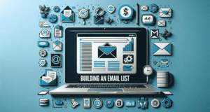 Minimalistic feature image for the blog post 'Building an Email List in 2024: Strategies and Tips', showcasing email envelopes, list icons, and digital engagement symbols. The design is clean and instructive, with a color palette featuring blues for communication, greens for growth, and light greys for simplicity, underscoring the importance of building a robust email list.