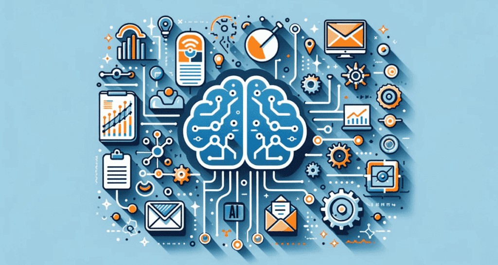 Current Trends in AI for Email Marketing', showcasing AI brain circuits intertwined with email symbols, trend graphs, and automation gears. The design is clean and contemporary, with a color palette featuring blues for technology, oranges for innovation, and light greys for simplicity, highlighting the progressive nature of AI technology in marketing.