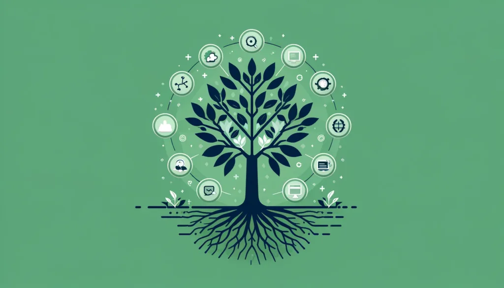 feature image for the blog post 'Developing a Strong Online Presence', showcasing a strong tree with roots representing stability and growth in the digital world, alongside icons for different digital channels like websites, social media, and blogs. The design is clean and impactful, with a color palette featuring deep greens for growth, blues for stability, and light greys for simplicity, highlighting the importance of a solid digital foundation.