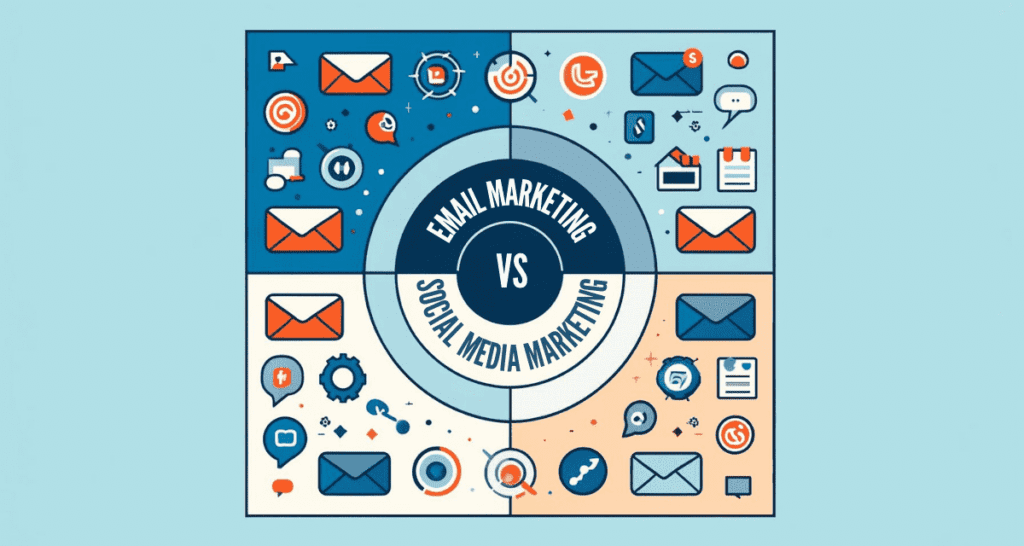 feature image for the blog post 'Email Marketing vs. Social Media Marketing in 2024', showcasing a split design with email icons on one side and social media icons on the other. The design is balanced and comparative, with a color palette featuring blues for communication, vibrant colors for social media dynamism, and light greys for simplicity, emphasizing the strategic comparison between the two marketing forms.