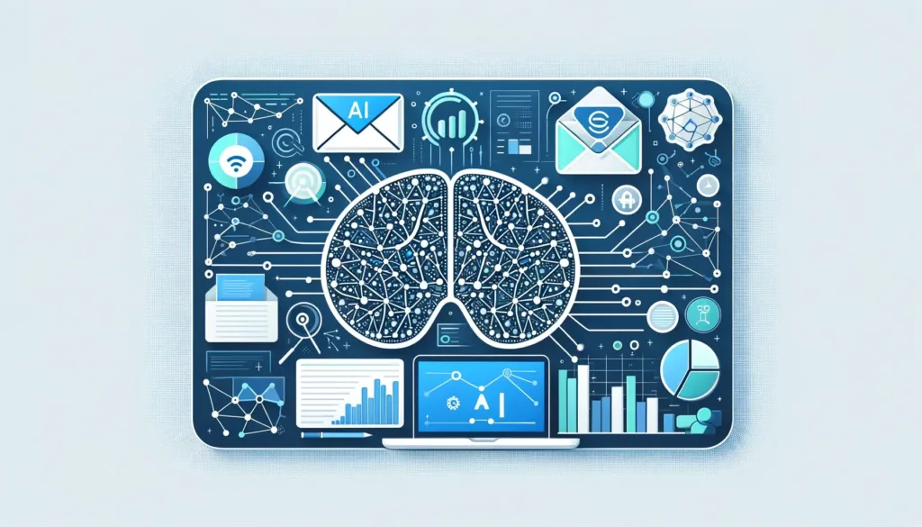  'How to Integrate AI into Your Email Marketing Strategy', showcasing neural network patterns, email symbols, and data analysis graphs. The design is clean and strategic, with a color palette featuring deep blues for technology, soft greens for growth, and light greys for simplicity, emphasizing the intelligent optimization of marketing strategies.