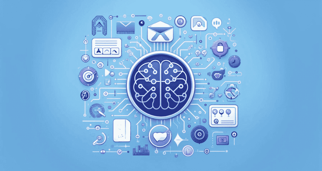 Minimalistic feature image for the blog post 'How to Integrate AI with Email Marketing in 2024', showcasing AI brain circuits, email icons, and digital interaction symbols. The design is clean and futuristic, with a color palette featuring blues for technology, purples for creativity, and light greys for simplicity, emphasizing the technological advancement in marketing strategies.