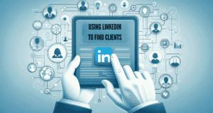 feature image for the blog post 'How to Use LinkedIn to Find Social Media Marketing Clients', showcasing the LinkedIn logo, network connections, and professional profiles to symbolize strategic networking and client acquisition. The design is clean and professional, with a color palette featuring LinkedIn's brand colors (blue and white), along with light greys for simplicity, highlighting the practical use of LinkedIn for business growth.