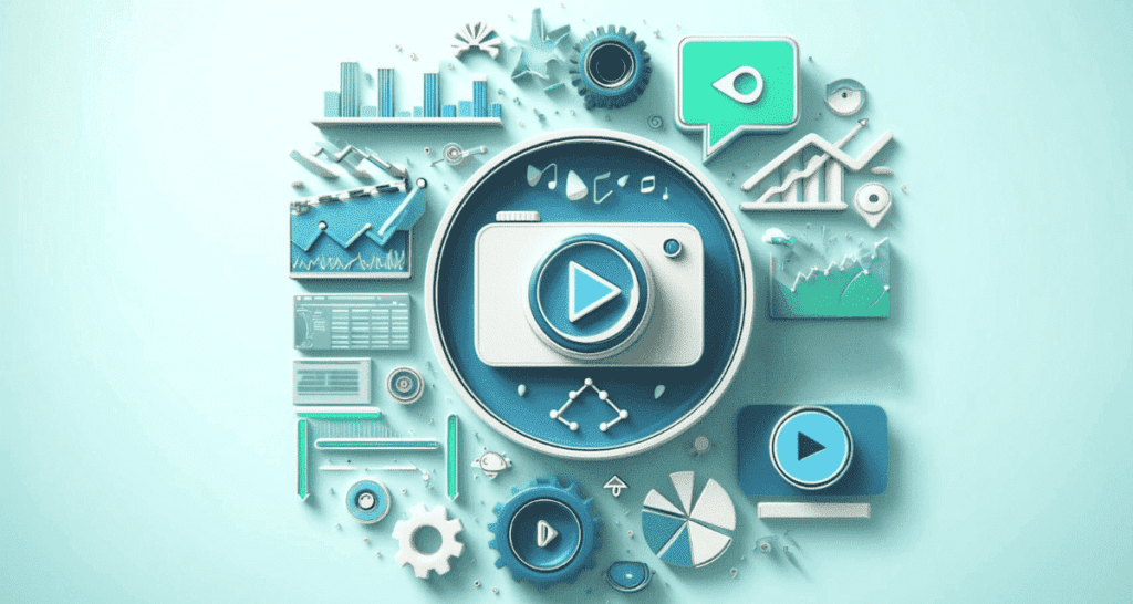 Minimalistic feature image for the blog post 'Introduction to Video Marketing in 2024', showcasing a digital camera icon, a play button, and charts representing growth in viewer engagement. The design is clean and futuristic, with a color palette of blues, greens, and light greys, symbolizing creativity, growth, and modernity.