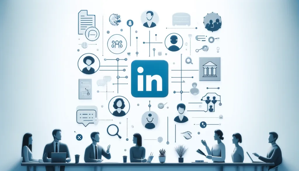 'LinkedIn Groups and Community Engagement', showcasing the LinkedIn logo, group icons, and diverse people icons engaging in discussions to symbolize the active community interaction within LinkedIn groups. The design is clean and connected, with a color palette featuring LinkedIn's brand colors (blue and white), along with light greys for simplicity, highlighting the importance of engaging with professional communities.