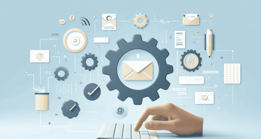 Setting Up Your Email Marketing Automation', showcasing setup gears, automated sequences, and email icons. The design is clean and instructional, with a color palette featuring blues for technology, yellows for guidance, and light greys for clarity, emphasizing the foundational aspects of establishing an automated email marketing system.
