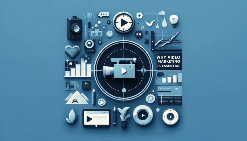 Minimalistic feature image for the blog post 'Why Video Marketing is Essential in 2024', showcasing symbols of a digital video camera, play buttons, and growth charts. This imagery represents the significant impact and necessity of video marketing for businesses in 2024. The design is clean and professional with a color palette of deep blue symbolizing trust, green for growth, and light greys for sophistication, reflecting the strategic significance of video marketing.