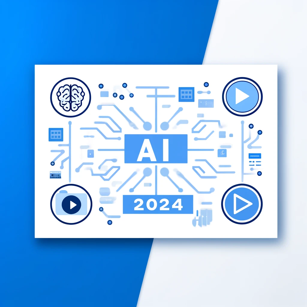 Minimalistic feature image with the title 'AI Tools for Video Marketing 2024' centered on a clean, professional background, symbolizing modern video marketing tools enhanced by artificial intelligence.