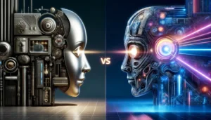 Illustration depicting a face-off between two advanced AI robots, symbolizing the technological advancements and competition between AI models like GPT-5 and its predecessors.