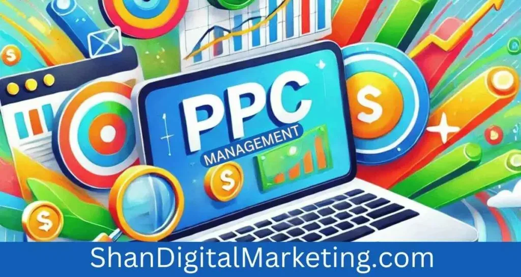 Typographical image with the words 'What is PPC Management?' in bold, modern fonts, surrounded by digital marketing icons like a magnifying glass, dollar sign, and ad symbols.