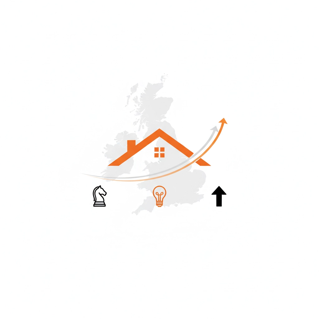 Strategic, creative, growth-focused roofing SEO agency graphic with orange roofline and UK map.