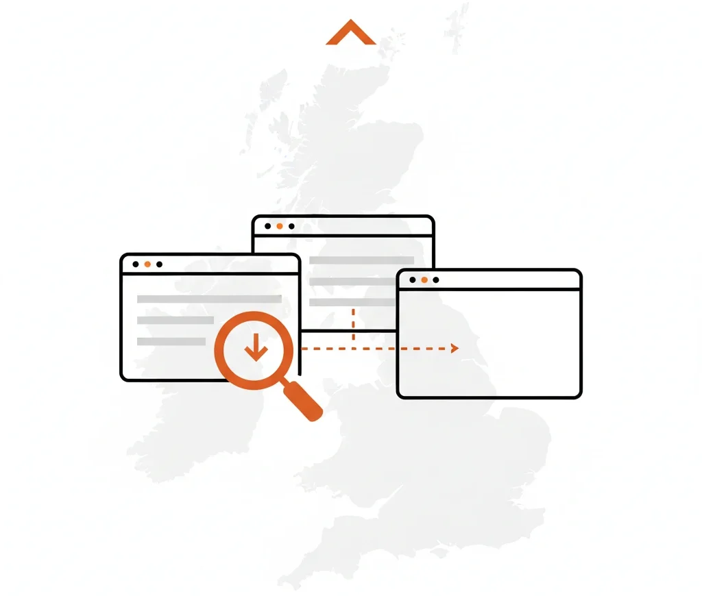 Competitor analysis graphic comparing roofing websites with magnifying glass and strategy arrow.