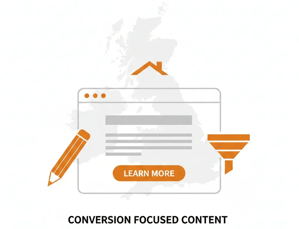 Conversion-optimized roofing website content layout with CTA button, content block, and funnel icon.