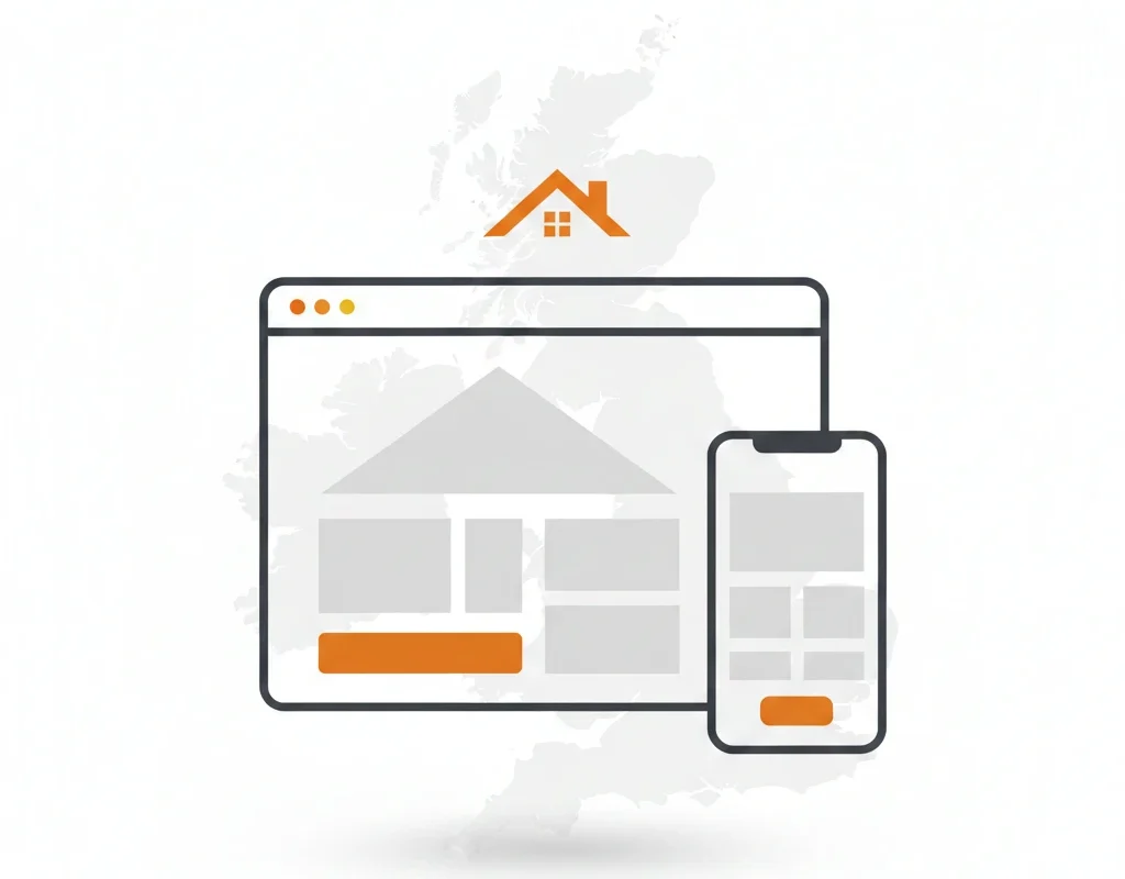 Custom roofing website design mockup with browser window, mobile layout, and UK branding elements.