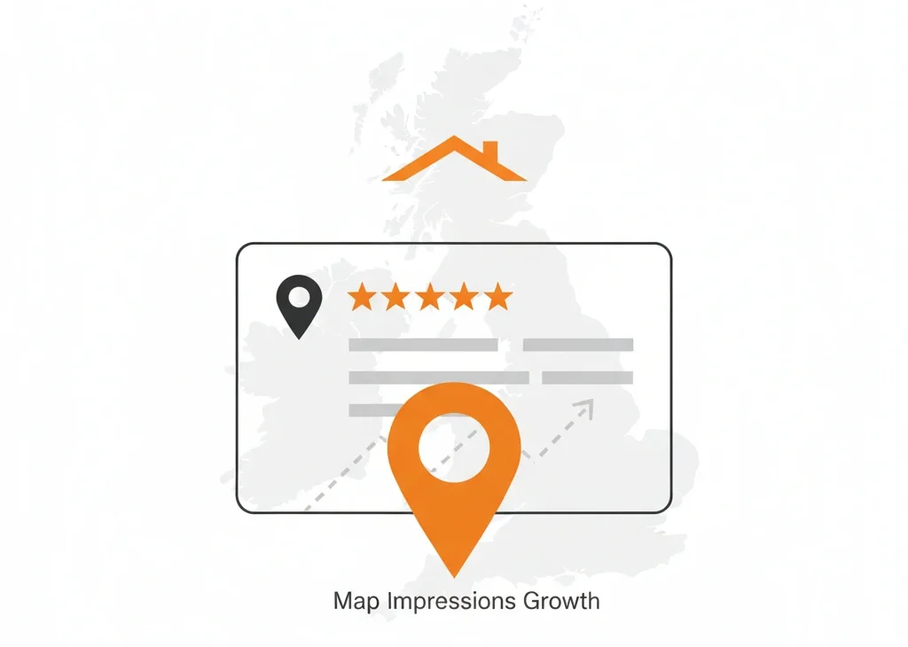 Google Business Profile optimization graphic with map pin, 5-star rating bar, and UK visibility chart.