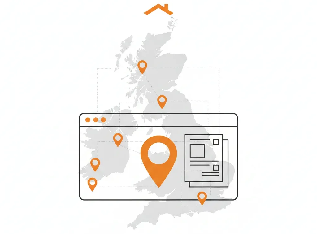 Multi-location roofing SEO pages graphic with stacked page cards and UK map with orange pins.