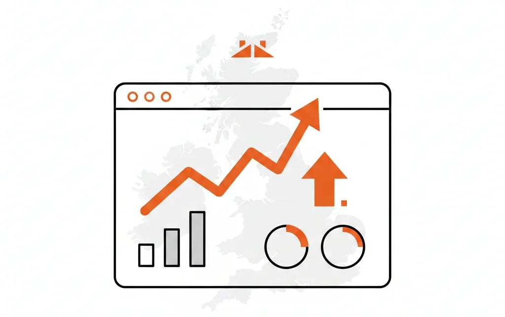 Roofing SEO ranking and performance tracking dashboard with line graph, bar chart, and ranking arrow.