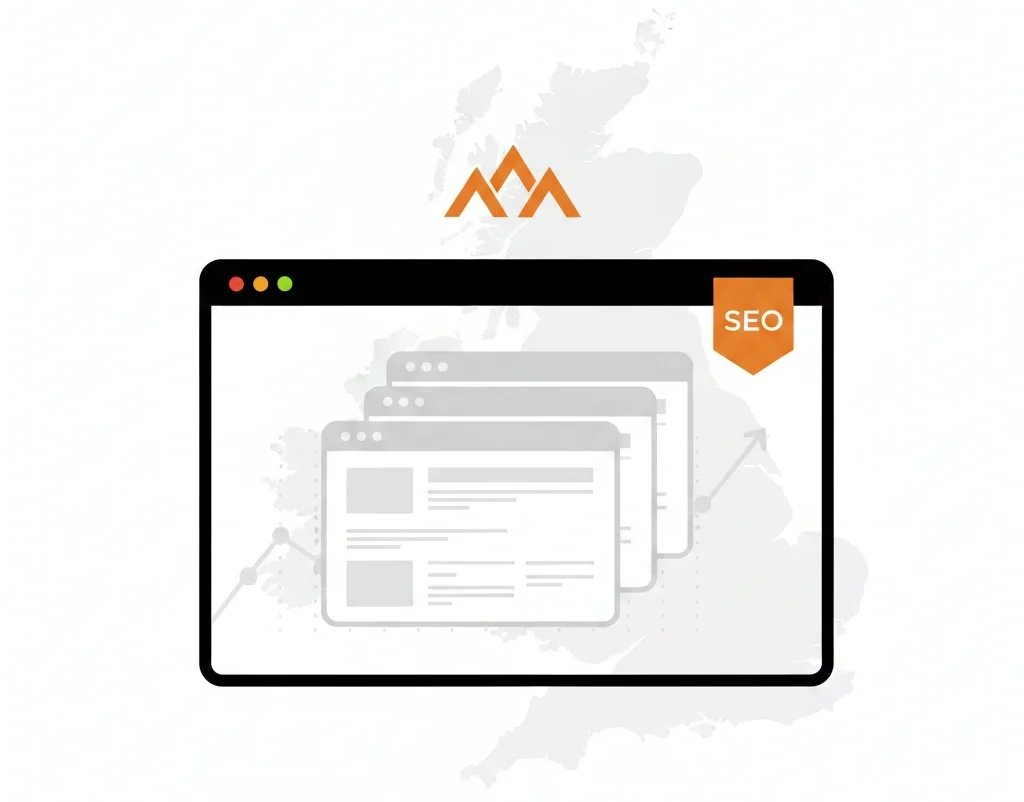 SEO-optimized roofing website pages graphic with on-page structure icons and UK map background.