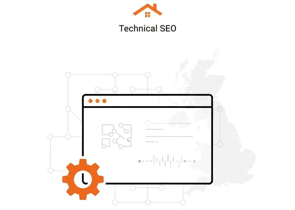 Technical SEO browser window with structured data lines, site architecture nodes, and orange gear icon.